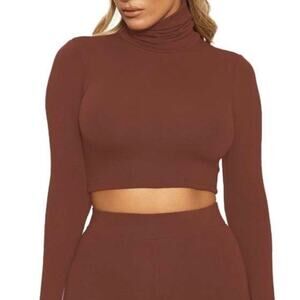Naked Wardrobe The NW Turtleneck Crop Top Brown Baddie Fall Neutral Chic XL NEW